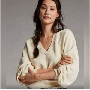 AGOLDE Low V-Neck Beige Balloon Sleeve Oversize Sweatshirt Sz S Boho Lux Comfort